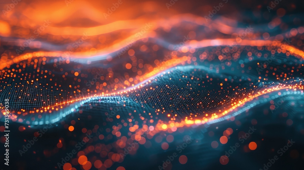 Wall mural science fiction background of glowing particles with depth of field and bokeh. particles form line a