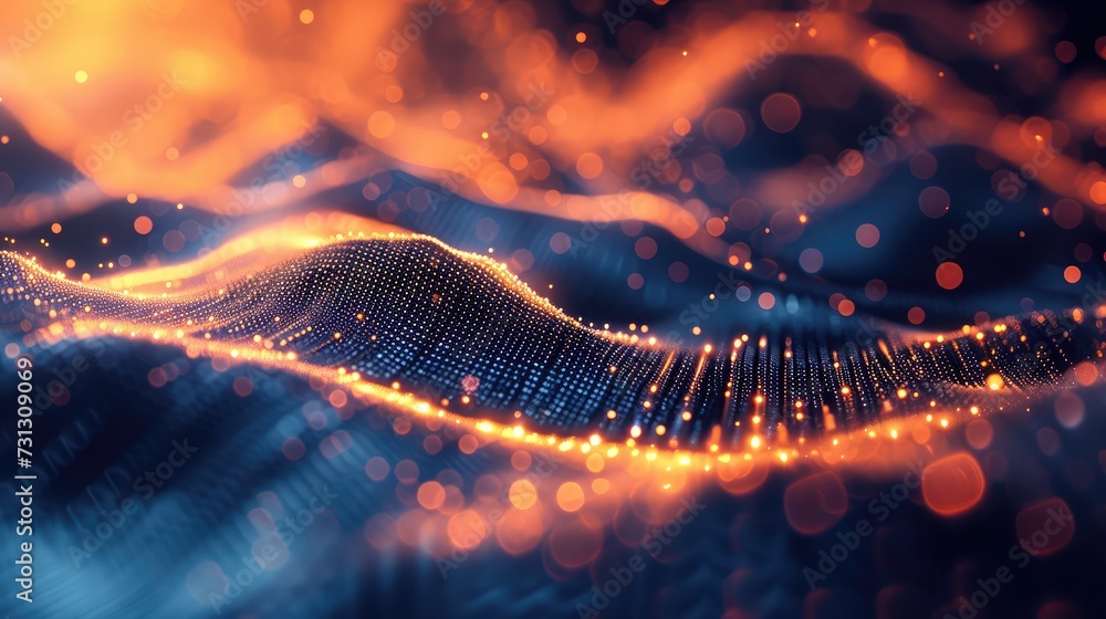 Wall mural science fiction background of glowing particles with depth of field and bokeh. particles form line a