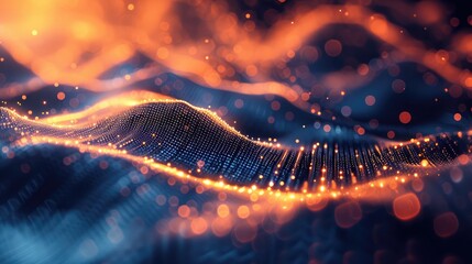 science fiction background of glowing particles with depth of field and bokeh. Particles form line and abstract surface grid