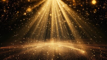 Stage light and golden glitter lights on floor. Abstract gold background for display your product. Spotlight realistic ray.