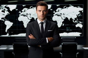 Stern businessman with arms crossed against a digital world map in a sleek office