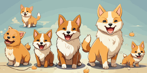 Fototapeta premium Kawaii Shiba Inu dogs in various poses. vector flat bright colors
