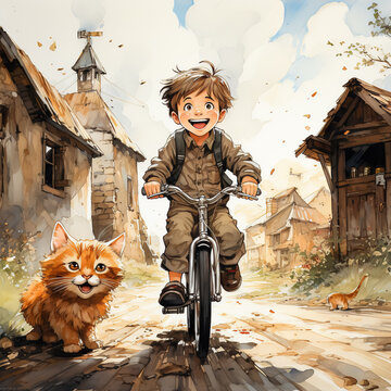 A red-haired boy in company with his friend - a red cat - rides a bicycle along a village street. Storybook illustration.