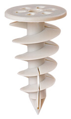 Plastic dowel for installation in a Styrofoam structure. Snail-shaped thread. Isolated background.