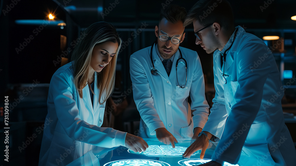 Poster doctors in digital healthcare technology analyze comprehensive brain scan in modern lab