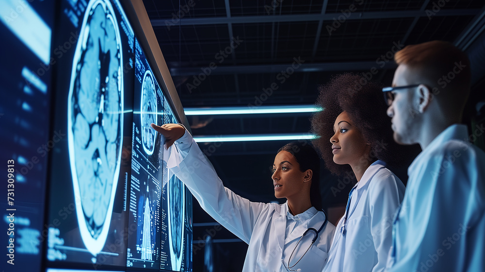 Poster doctors from various backgrounds unite to analyze digital brain scans in modern lab