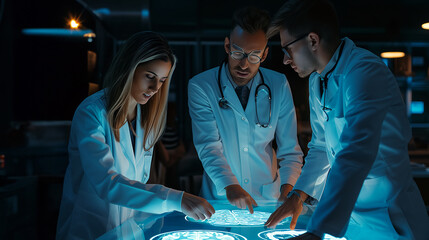 Doctors in digital healthcare technology analyze comprehensive brain scan in modern lab