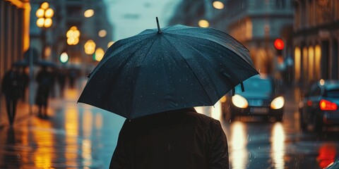 Friendly woman holding black umbrella in the rain