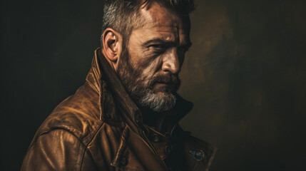 A rugged, weathered man in his late 30s exudes toughness and masculinity. With a thick, well-groomed beard and donning a classic leather jacket, he effortlessly embodies the essence of rebel