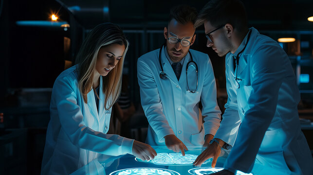 Doctors in digital healthcare technology analyze comprehensive brain scan in modern lab