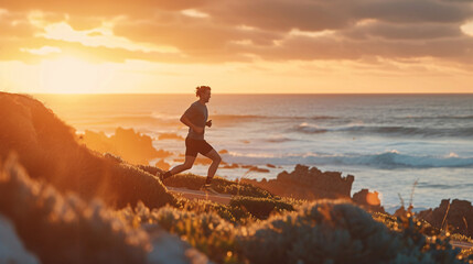 A fit and determined runner, bathed in the golden light of a stunning sunrise, gracefully glides along a breathtaking coastal path. Their sheer determination and passion for fitness are evid