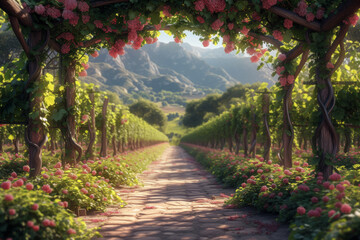 The charm of a rustic countryside vineyard, where rows of grapevines lead to a sunlit terrace,...