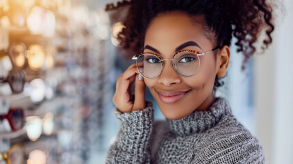 A smiling woman tries on glasses, standing in front of a display of various eyeglass frames in an optometry shop. - obrazy, fototapety, plakaty