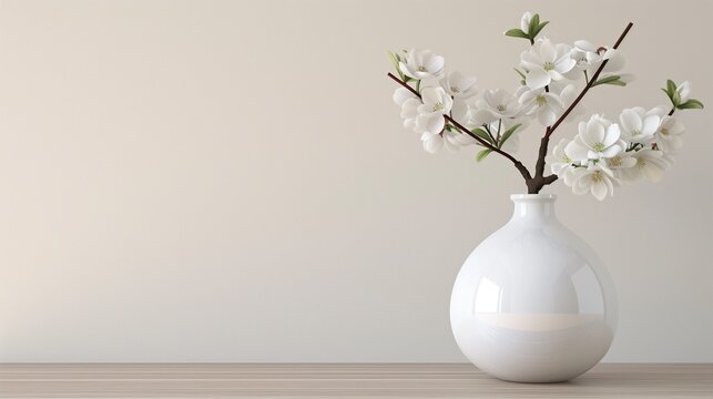 White Vase with Flowers in Empty Room: Copy Space on Left Side of Image
