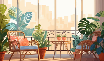 Rattan garden furniture on the balcony, terrace or roof with pots of house plants. Modern cozy eco-style home interior with greenery, tables and chairs.