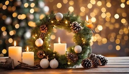 Fototapeta na wymiar christmas lights candles on fireplace decorative wreath in front of christmas trees on bokeh and warm brown background