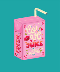 Pink Valentine juice box with hand lettering love juice. Cute festive romantic holiday illustration. Bright colorful pink and blue vector design. - 731310492