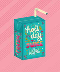 Juice box with hand lettering holiday juice. Cute festive winter holiday illustration. Bright colorful pink and blue vector design. - 731310498