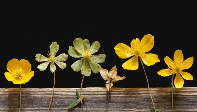 picture of dried flowers in several variants herbarium from dried blossoming flower arranged in a row ficaria verna lesser celandine fig buttercup