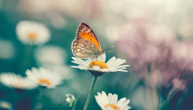 beautiful daisy flower butterfly on wild field close up soft focus macro nature background delicate pastel toned image spring floral artistic image