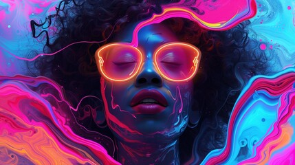 Digital Art: Black Woman with Neon Paint Sunglasses and Big Hair