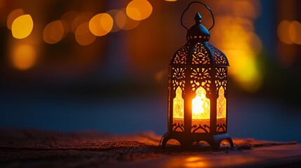 Fototapeta na wymiar Ornamental Arabic lantern with burning candle glowing at night Ramadan Kareem concept