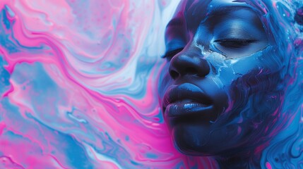 African Woman with Purple, Pink, and Blue Paint, Swirling Background