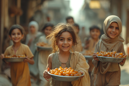 The sight of children joyfully running through the streets, carrying plates of dates and water to share with neighbors at Iftar time. Concept of childlike generosity. Generative Ai.