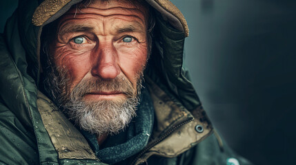 A seasoned fisherman in his late 40s, with a weathered and content expression. He has a rugged face and wears a well-worn hat. The tranquil sea backdrop highlights his expertise and deep con - obrazy, fototapety, plakaty