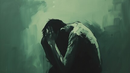 Green painting of a man sitting with his head in his hands, Mental health concept