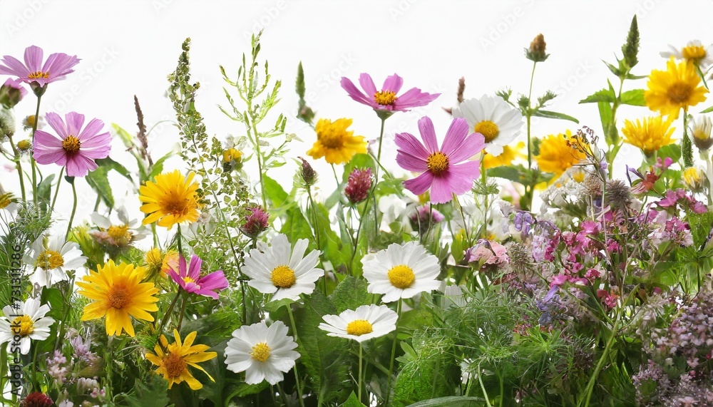 Sticker many wild meadow plants with flowers and leaves on white background