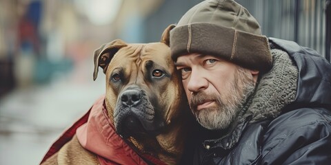 Homeless man living in poverty with his loyal dog - obrazy, fototapety, plakaty