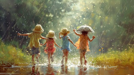 Children playing under rain in the sumer