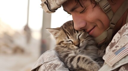 Rugged male soldier with adorable kitten