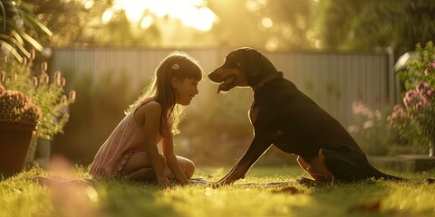 Little girl playing with her doberman dog in the yard. Happy lifestyle family image of loving pet and child - obrazy, fototapety, plakaty