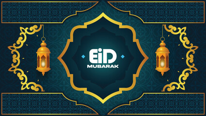 Elegant Islamic greetings Eid mubarak festival background design with beautiful lanterns and mosque vector