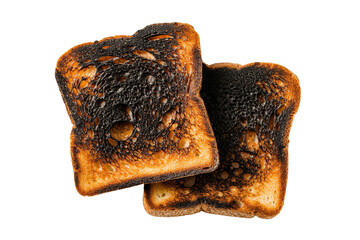 Two pieces of burnt toast isolated on transparent or white background, png