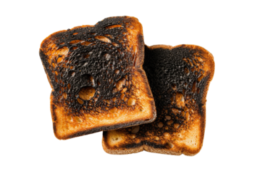 Two pieces of burnt toast isolated on transparent or white background, png