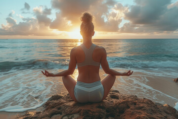 A fitness enthusiast engaged in a challenging yoga pose on a serene beach, promoting the importance...
