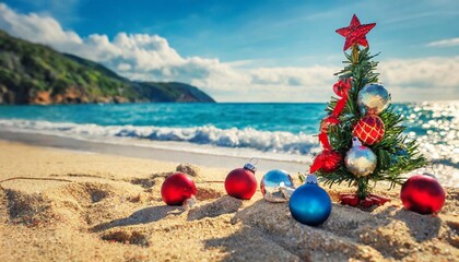 christmas tree decorations on sea sandy beach