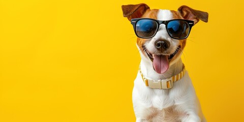 Dog wearing sunglasses. Happy and cool, ready to bring the rizz on a colorful background vacation.