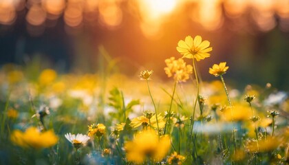 Obraz na płótnie Canvas abstract soft focus sunset field landscape of yellow flowers and grass meadow warm golden hour sunset sunrise time tranquil spring summer nature closeup and blurred forest background idyllic nature