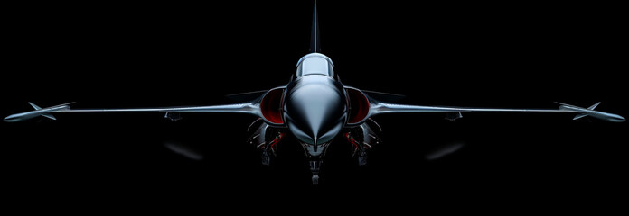 Fotografia en clave baja de un avión de combate moderno con fondo negro. - obrazy, fototapety, plakaty