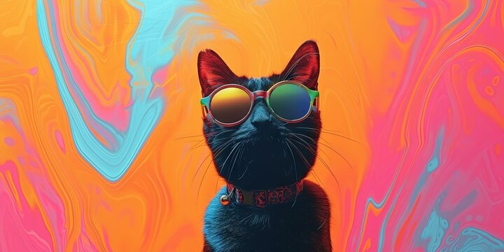 Psychedelic cat concept with feline wearing sunglasses and bright colors
