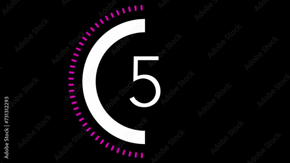 Poster 10 seconds dashed line circle countdown timer. magenta and white on black background. stylish simple