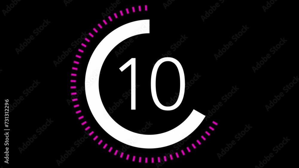 Poster 15 seconds dashed line circle countdown timer. magenta and white on black background. stylish simple