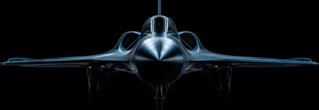 Fotografia en clave baja de un avi&oacute;n de combate moderno con fondo negro.