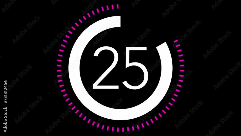 Poster 30 seconds dashed line circle countdown timer. magenta and white on black background. stylish simple