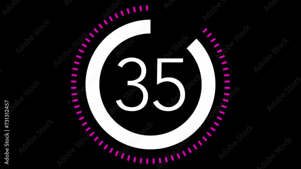 Poster 40 seconds dashed line circle countdown timer. magenta and white on black background. stylish simple