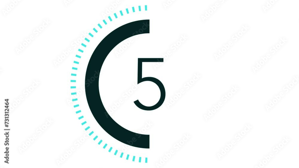 Poster 10 seconds dashed line circle countdown timer. pale blue and black on white background. stylish simp